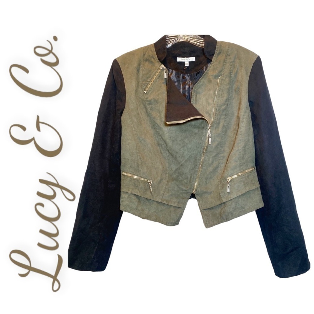 LUCY‎ & CO. Faux Suede Moto Jacket Lightweight Green Black, Size Medium